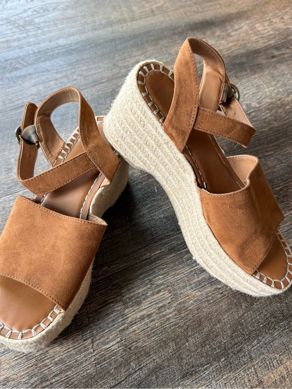Womens Tan Suede Espadrille Wedge Sandals - Brand